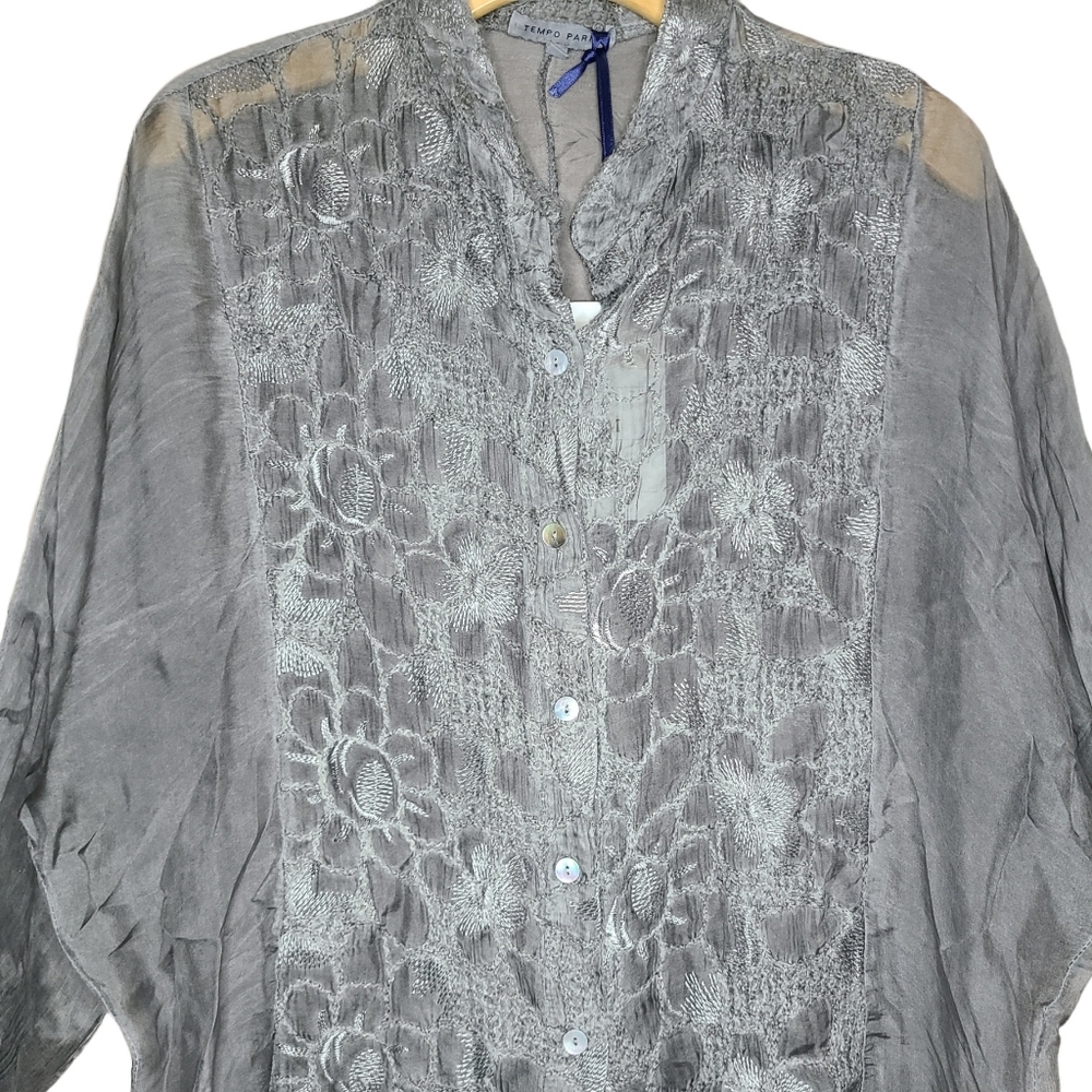 NWT Tempo Paris Gray Floral Lace Button Down Sheer Blouse Shirt - Picture 3 of 6